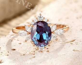 Natural Alexandrite & Diamond Ring – 14K White Gold, Color Change Gemstone (Green To Red/Purple)
