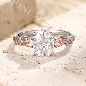 Dainty Moissanite Engagement Ring | Oval Moissanite Ring White Gold | Pear Morganite Ring | Vintage Seven Stone Ring | Art Deco Promise Ring
