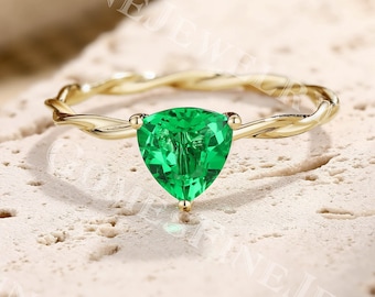 Trillion Cut Emerald Engagement Ring | Solitaire Emerald Ring Yellow Gold | Dainty Twisted Ring | Triangle Emerald Ring | Anniversary Ring