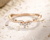 Dainty Moissanite Curved Wedding Band Vintage Rose Gold Moissanite Ring Round Marquise Band Stacking Ring Unique Bridal Promise Ring