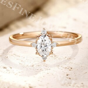 Oval Moissanite Engagement Ring | 14k/18k Solid Rose Gold Moissanite Ring | Vintage Cluster Ring | Milgrain Ring | Anniversary Promise Ring
