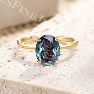 Oval Lab Alexandrite Engagement Ring | 7*9mm Alexandrite Solitaire Ring | Hidden Halo Moissanite Ring | Minimalist Ring | Yellow Gold Ring