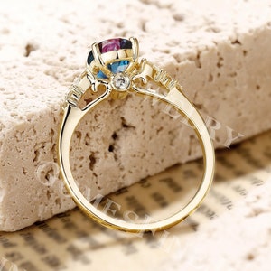 Vintage Alexandrite Engagement Ring | Unique Oval Alexandrite Ring Yellow Gold | June Birthstone Ring | Peekaboo Cathedral Setting Ring