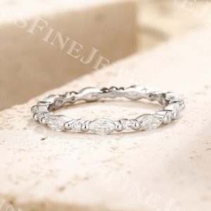 Delicate Marquise&Round Moissanite Wedding Band | Full Eternity Moissanite Ring | Solid White Gold  | Matching Band Women | Statement ring