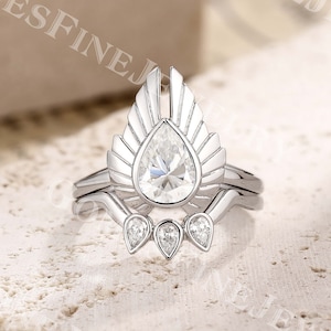 Vintage Moissanite Engagement Ring set | 5*7mm Pear Moissanite Ring | Wing Design Ring | Leaf Curved Wedding Band | White Gold Bridal Set