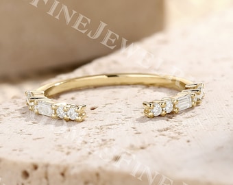 Baguette cut Moissanite Open Wedding Band | 14k Yellow Gold Gap Bridal Ring | Round Diamond Ring | Matching Band | Custom Wedding Band Women