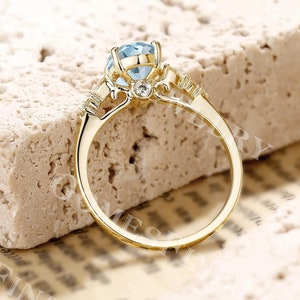 Vintage Aquamarine Engagement Ring | Oval Aquamarine Ring | 14K Yellow Gold Cluster Diamond Ring | Cathedral Ring | Peekaboo Bridal Ring