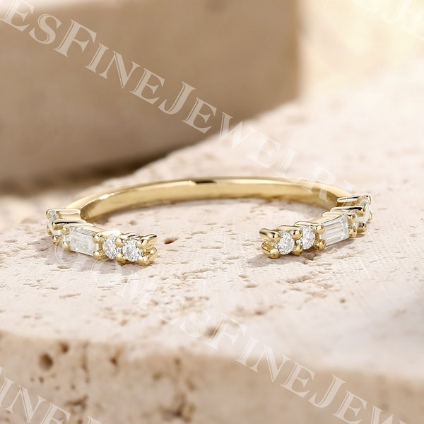 Baguette cut Moissanite Open Wedding Band | 14k Yellow Gold Gap Bridal Ring | Round Diamond Ring | Matching Band | Custom Wedding Band Women