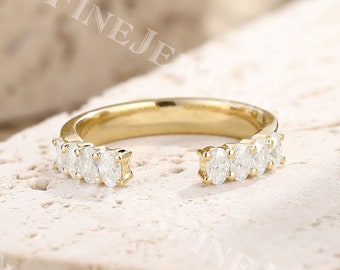 Oval Moissanite Open Wedding Band | Solid Yellow Gold Moissanite Gap Ring | Oval Matching Ring | Vintage Unique Stacking Ring | Women's Band