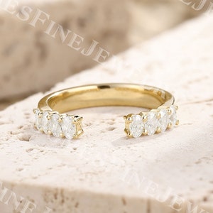 Oval Moissanite Open Wedding Band | Solid Yellow Gold Moissanite Gap Ring | Oval Matching Ring | Vintage Unique Stacking Ring | Women's Band