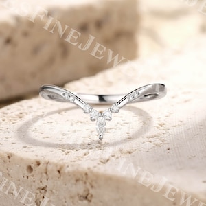 Marquise cut Moissanite Wedding Band | Vintage Curved Wedding Band | Solid White Gold Chevron Ring | Stacking Band | Dainty Gift for Women
