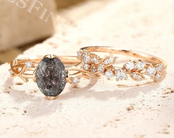 Vintage Schwarzer Rutilquarz Verlobungsring Set | Zweig Schwarzquarz Ring | Roségold Ring | Zweig Diamant Ring | Floraler Ring