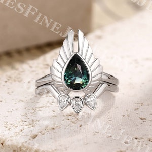 Blau grüner Saphir Verlobungsring Set | Birne Saphir Brautring | Weißgold Flügel Ring | Solitär Saphir Ring | Versprechensring