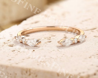 Open Moissanite Wedding Band | Moissanite Gap Ring Rose Gold | Unique Marquise Round Diamond Ring | Stacking Matching Band | Bridal Ring