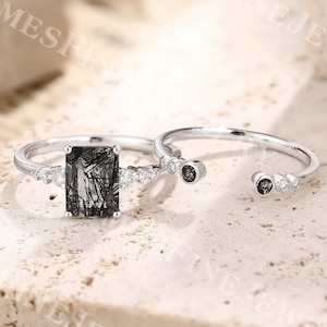 Emerald Cut Black Rutilated Quartz Engagement Ring set | Antique Black Quartz Ring 14k White Gold | Unique Open Matching Band | Promise Ring