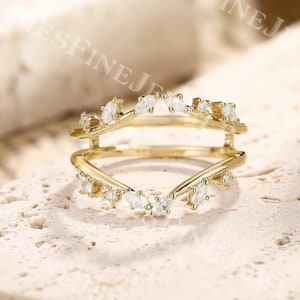 Moissanite Enhancer Wedding Band | Moissanite Leaf Ring Marquise Cut | Floral Yellow Gold Ring | Stacking Matching Band | Bridal Ring