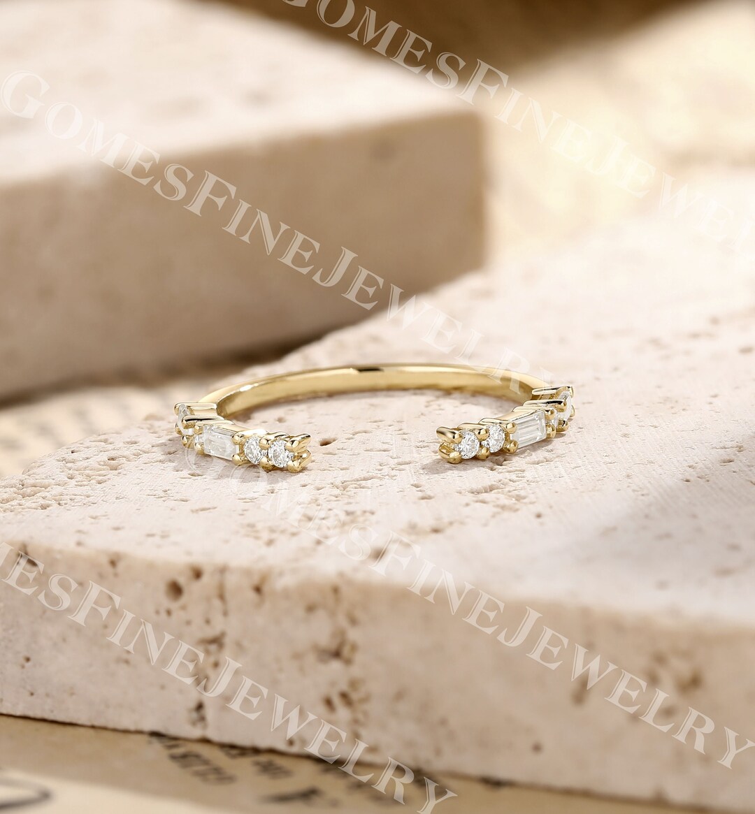 Baguette Cut Moissanite Open Wedding Band | 14k Yellow Gold Gap Bridal ...