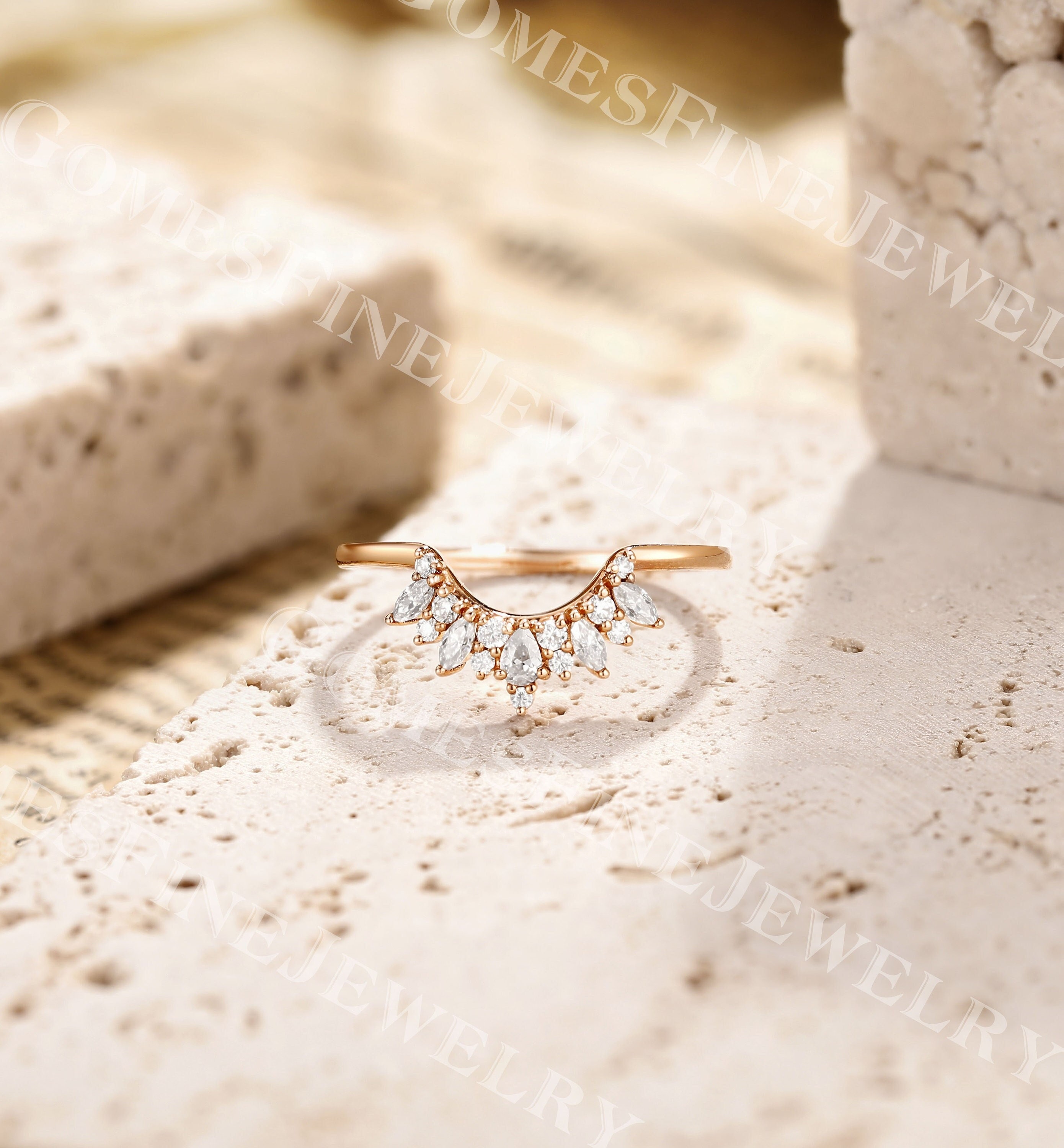 Moissanite Crown Wedding Band | Rose Gold Pear Cluster Bridal Ring, image size:2780x3000