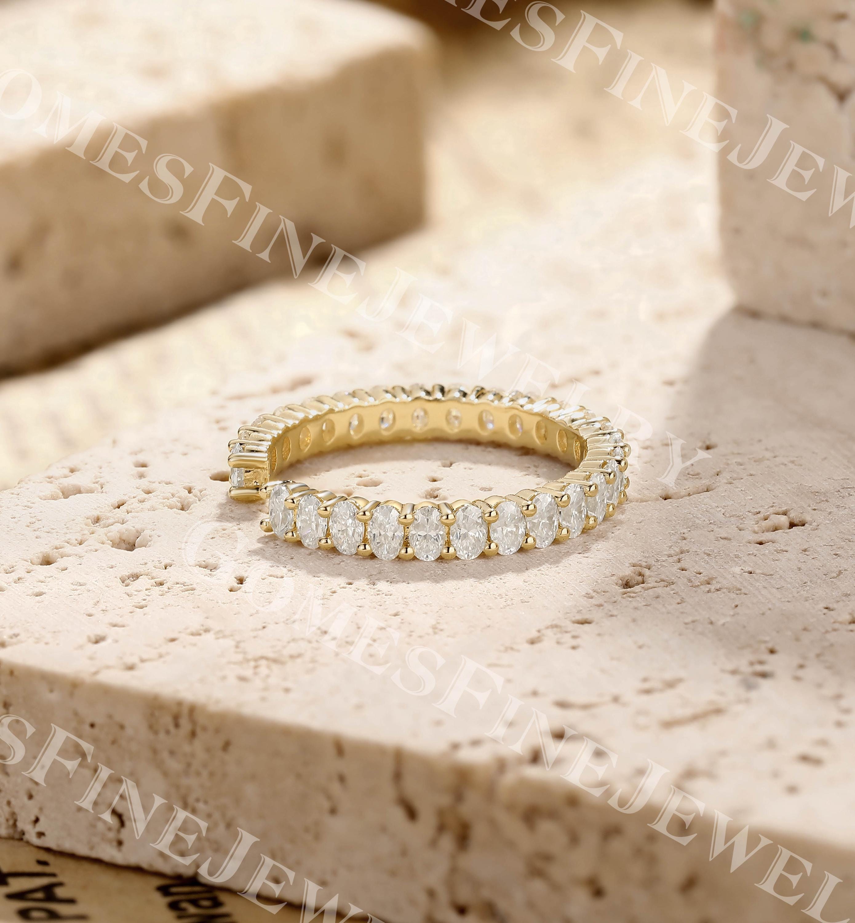 Oval Moissanite Open Wedding Band | 14k Yellow Gold Full Eternity Band ...