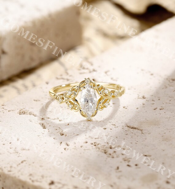Vintage Marquise Moissanite Engagement Ring | Yellow Gold Moissanite Ring | Leaf Vine Ring | Unique Floral Ring | Natural Inspired Ring