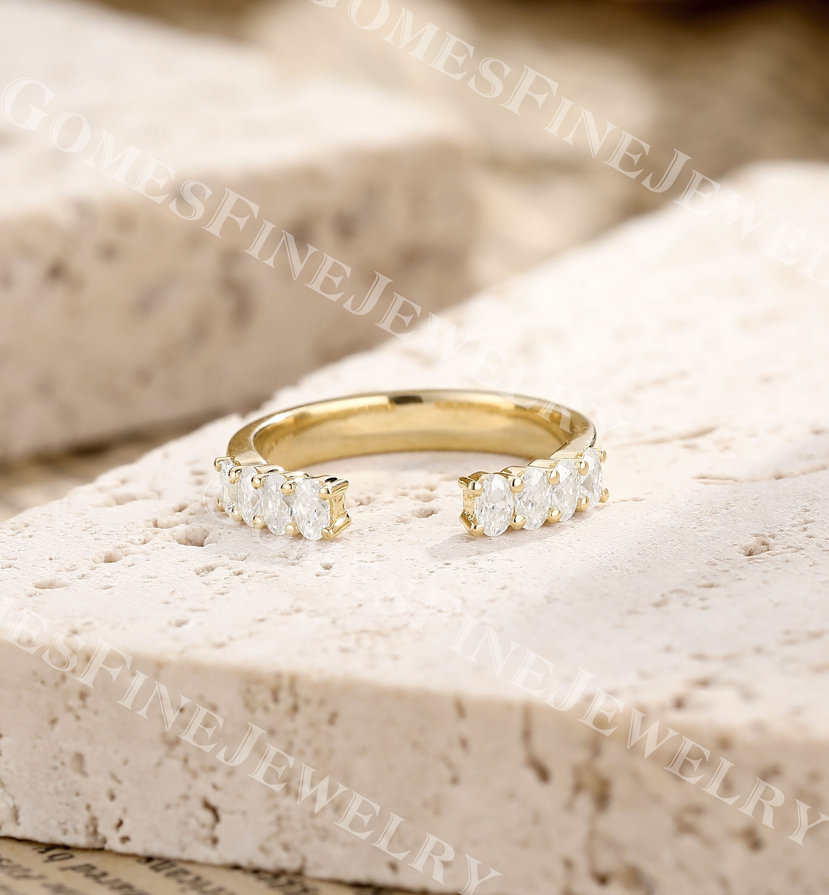 Oval Moissanite Open Wedding Band | Solid Yellow Gold Moissanite Gap Ring | Oval Matching Ring | Vintage Unique Stacking Ring | Women's Band