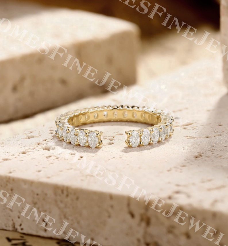 Oval Moissanite Open Wedding Band | 14k Yellow Gold Full Eternity Band ...