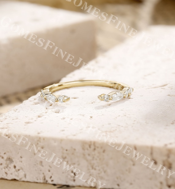 Marquise Round Moissanite Wedding Band | Open Moissanite Ring | Yellow Gold Open Gap Wedding Band | Half Eternity Band | Anniversary Gift