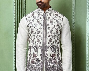 Indiase etnische Nehru-jas Kurta-pyjamaset, modi-jas voor man, handgemaakte bundi-jas, geborduurd Nehru-jas voor Diwali, Kurta-broek Diwali