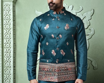 Indiase etnische Nehru-jas Kurta-pyjamaset, modi-jas voor man, handgemaakte bundi-jas, geborduurd Nehru-jas voor Diwali, Kurta-broek Diwali