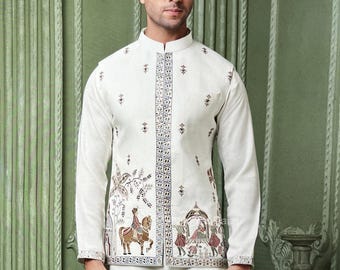 Indiase etnische Nehru-jas Kurta-pyjamaset, modi-jas voor man, handgemaakte bundi-jas, geborduurd Nehru-jas voor Diwali, Kurta-broek Diwali
