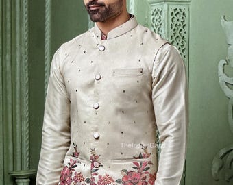 Indiase etnische Nehru-jas Kurta-pyjamaset, modi-jas voor man, handgemaakte bundi-jas, geborduurd Nehru-jas voor Diwali, Kurta-broek Diwali