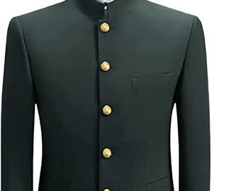 May include: A dark green suit with a mandarin collar, gold buttons, and matching trousers. The tailored suit is suitable for formal events. The trousers are neatly folded. The suit's measurements are in centimetres.