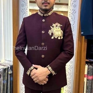 Wijn handwerk jodhpur voor mannen, jodhpuri voor verloving, cocktailpartypak, trouwpak bruidsjonkers, jodhpuri sherwani heren