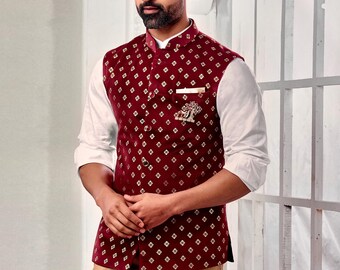 Indian Ethnic Nehru Jacket Shirt Pant Set, Modi Jacket for Man, Handmade Bundi Jacket, Velvet Nehru Jacket for Diwali, Indian Wedding Dress