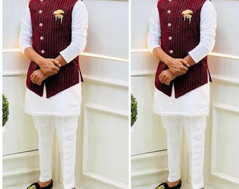 Indiase etnische Nehru-jas Kurta-pyjamaset, modi-jas voor man, handgemaakte bundi-jas, geborduurd Nehru-jas voor Diwali, Kurta-broek Diwali