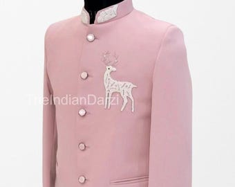 Peach Hand Work Jodhpuri-dräkt för män, Jodhpuri-dräkt för förlovning, Cocktailparty-dräkt, Bröllopsdräkt Groomsmen, Jodhpuri Sherwani Mens