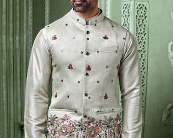 Indiase etnische Nehru-jas Kurta-pyjamaset, modi-jas voor man, handgemaakte bundi-jas, geborduurd Nehru-jas voor Diwali, Kurta-broek Diwali