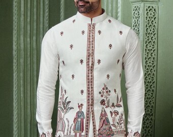 Indiase etnische Nehru-jas Kurta-pyjamaset, modi-jas voor man, handgemaakte bundi-jas, geborduurd Nehru-jas voor Diwali, Kurta-broek Diwali