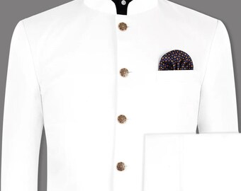 May include: A white suit jacket with a mandarin collar and decorative gold buttons. A pocket square with a navy blue and gold pattern is in the chest pocket. The suit is displayed on a mannequin.