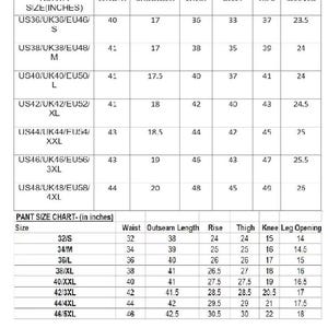 May include: A detailed size chart for kurtas and pants, displaying measurements in inches. The chart includes sizes, lengths, shoulders, chest, belly, hips, and sleeve measurements for kurtas, and waist, outseam length, rise, thigh, knee, and leg opening for pants.