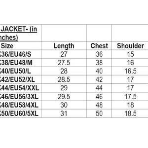 May include: A white chart detailing Nehru jacket sizes in inches. The chart includes sizes from US36/UK36/EU46/S to US50/UK50/EU60/5XL, with measurements for length, chest, shoulder, and neck.