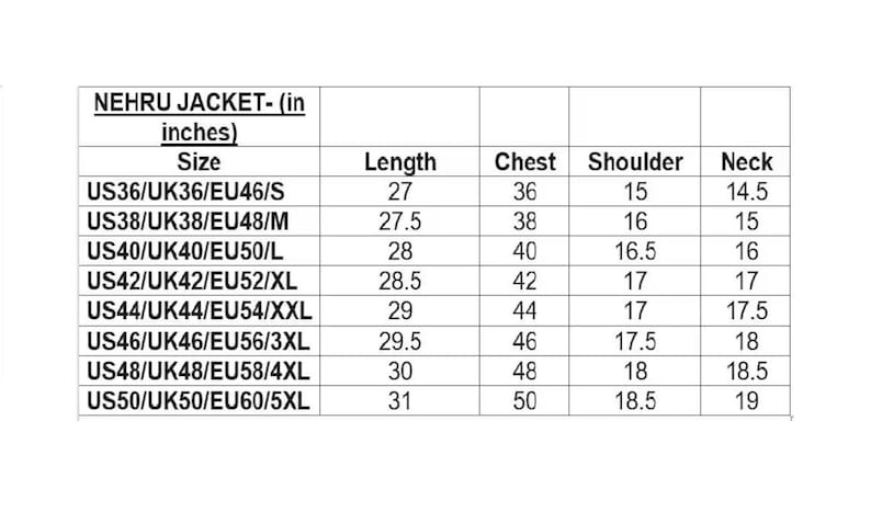 May include: A white chart detailing Nehru jacket sizes in inches. The chart includes sizes from US36/UK36/EU46/S to US50/UK50/EU60/5XL, with measurements for length, chest, shoulder, and neck.