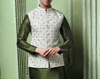 Indiase etnische Nehru-jas Kurta-pyjamaset, modi-jas voor man, handgemaakte bundi-jas, geborduurd Nehru-jas voor Diwali, Kurta-broek Diwali