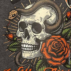 Women&#39;s Motorcycle Shirt: Biker Tee - Skull Snake Roses