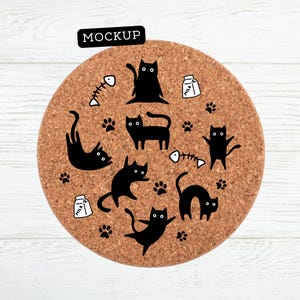 May include: Cork coaster with a black and white design featuring multiple cats, fish bones, and milk cartons. The text "MOCKUP" is printed on a black label.