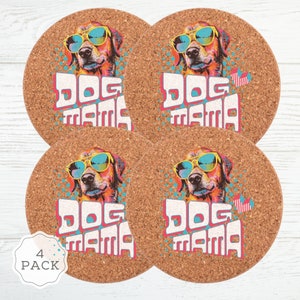 Dog Mama Cork Drink Coasters, Set of 4 Dog Coaster Gift, Retro Inspired Dog Lover Gift, Quirky Drink Coasters, Funny Dog Breeds,Pop Art Dogs