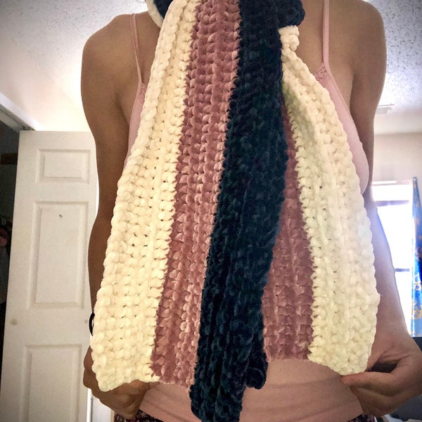 Warm Cozy Blue Pink White Velvet Scarf Long and Thick Soft Handmade Hand Knit Crochet Valentines Gift For Fall or Winter Cold Weather
