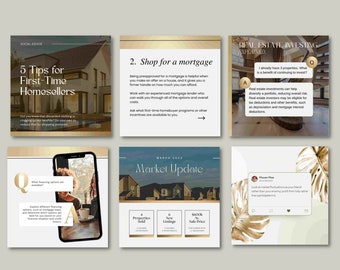 May include: A collection of social media graphics with a real estate theme. The graphics include text such as "5 Tips for First-Time Homesellers", "Shop for a mortgage", and "Market Update". The color scheme is primarily gold and white.