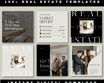 May include: A collection of social media templates for real estate, featuring various designs with text like "Market Report" and "5 Tips for First-Time Homebuyers." The templates are in black, white, and beige.