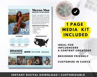 Blue Influencer Media Kit Template | Digital Download Press Kit Canva Template | Rate Sheet | PR Book | Blog Media Kit | Creator Sponsorship